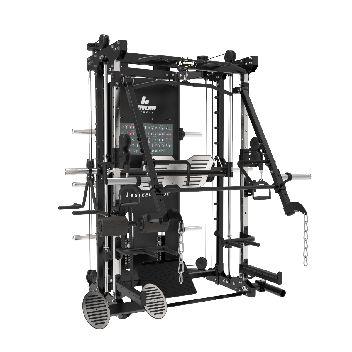 Multigym B12-V2 bewegliche Arme, Doppelseilzug (100 kg x2), Power Rack, Beinpresse, Multipower, Rudern und Zubehör