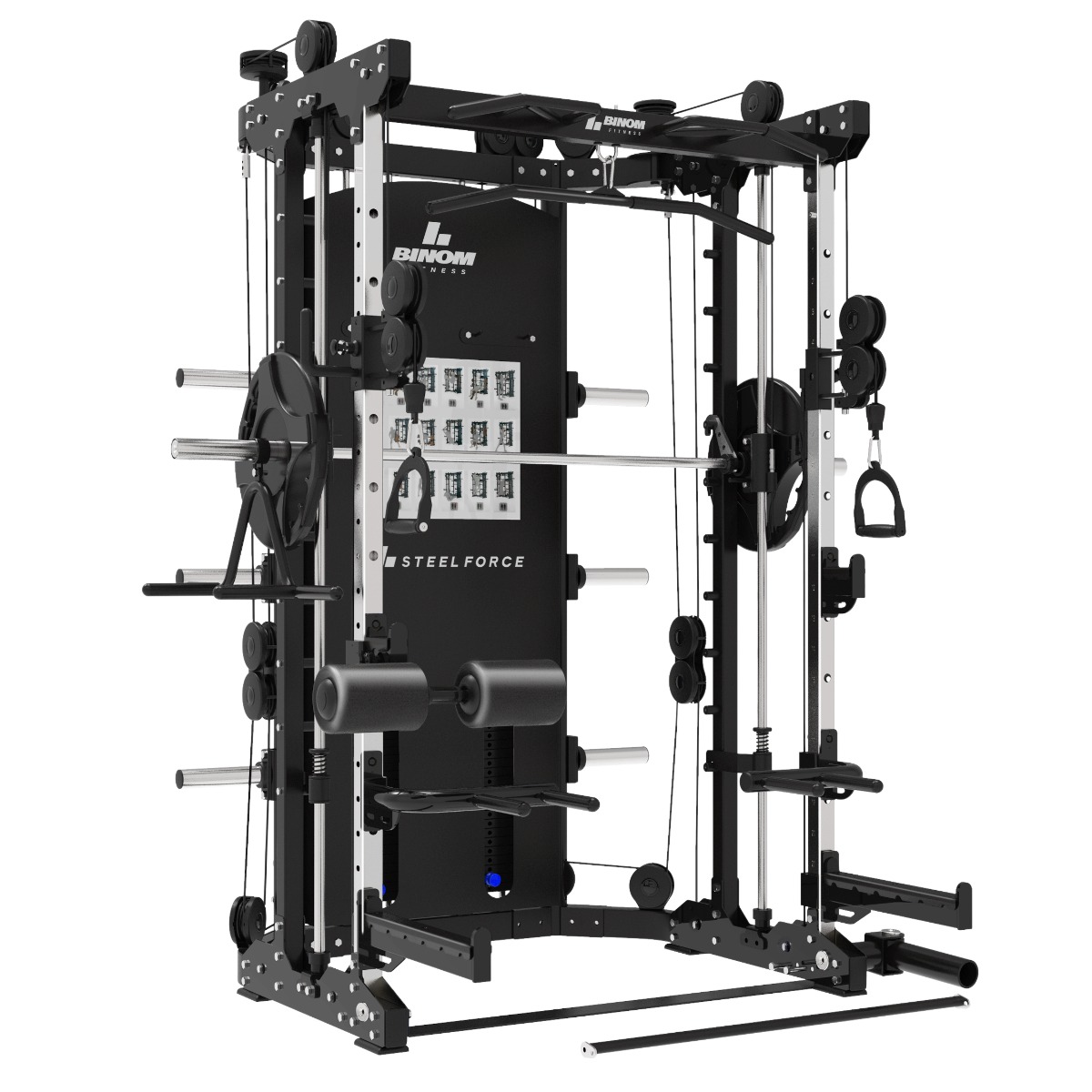 Binom Steel Force B12 Total Multigym, Doppelseilzug (100 kg x2), Power Rack, Beinpresse, Multipower und Zubehör