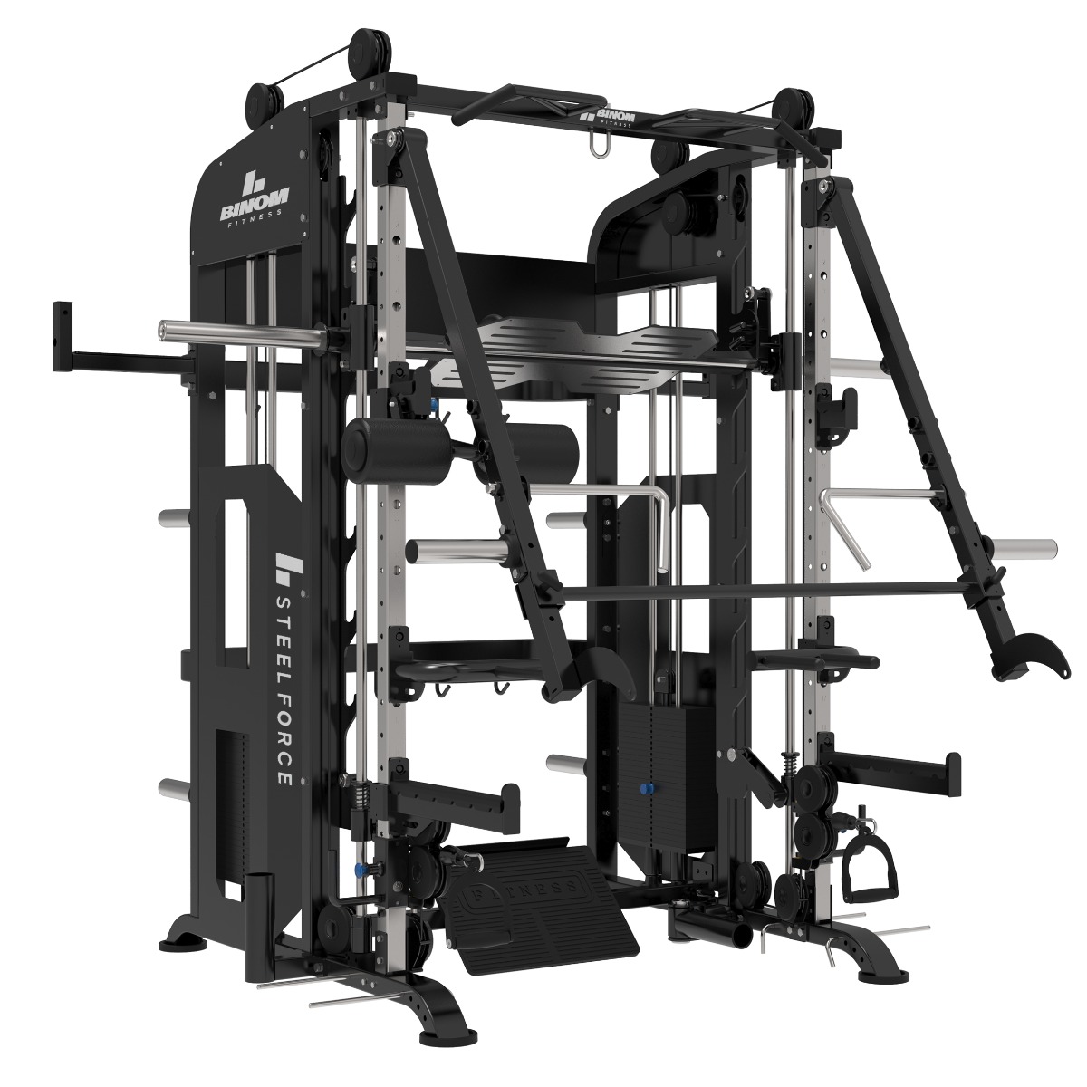 Binom Steel Force B21 Multigym mit 100 kg x 2, beweglichen Armen, Doppelrolle, Power Rack, Multipower, Beinpresse und Zubehör